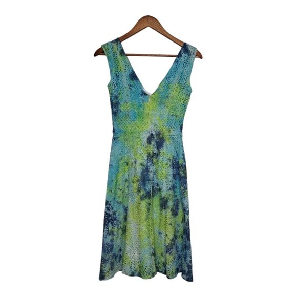 French Connection Women's Dress #714AW Midi Daisy Lace V-Neck Size 4 Blue+Green - Picture 2 of 16